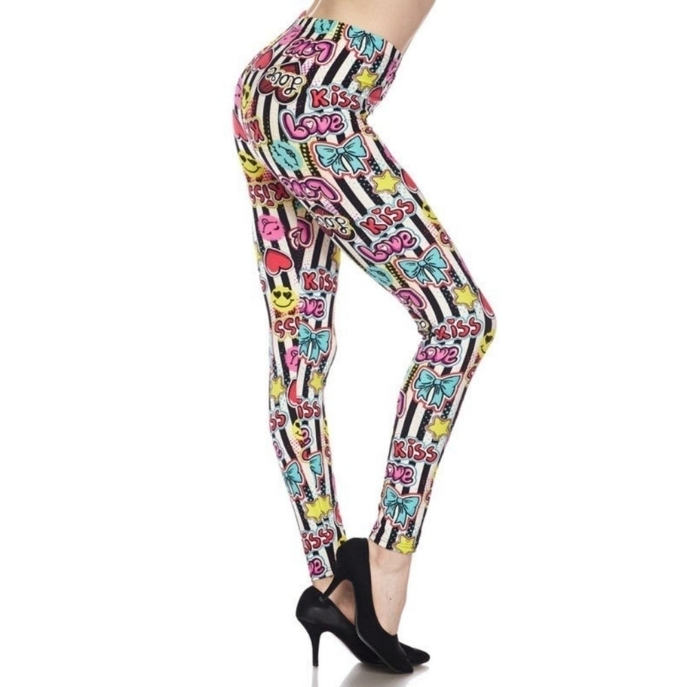 LEGGINGS DEPOT Emoji Print Striped Full Length Leggings Size 10 NWT
